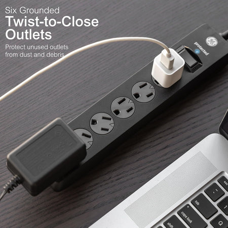 6-Outlet Sur Protector, 15 Ft Extension Cord, Power Strip, 800 Joules, Flat Plug, Twist-To-Close Safety Covers, Protected Indicator Light, UL Listed, Black, 50767