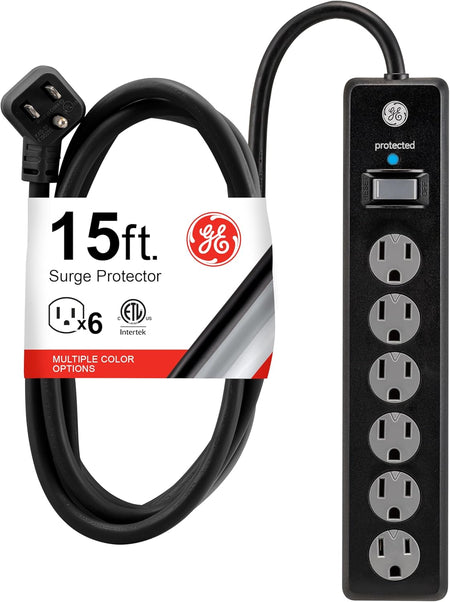 6-Outlet Sur Protector, 15 Ft Extension Cord, Power Strip, 800 Joules, Flat Plug, Twist-To-Close Safety Covers, Protected Indicator Light, UL Listed, Black, 50767
