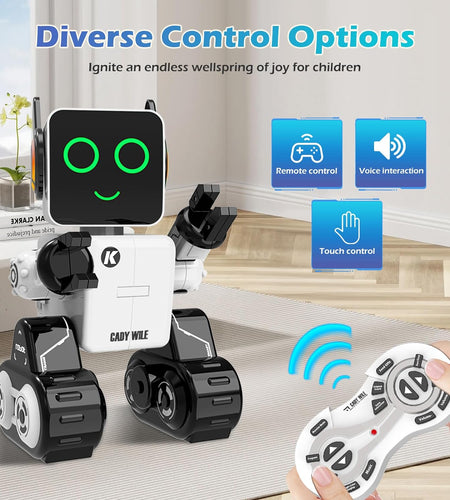 Rechargeable RC Robot Toy for Kids - Interactive Intelligent LED Light, Speaks, Dances, Built-In Coin Bank (White)