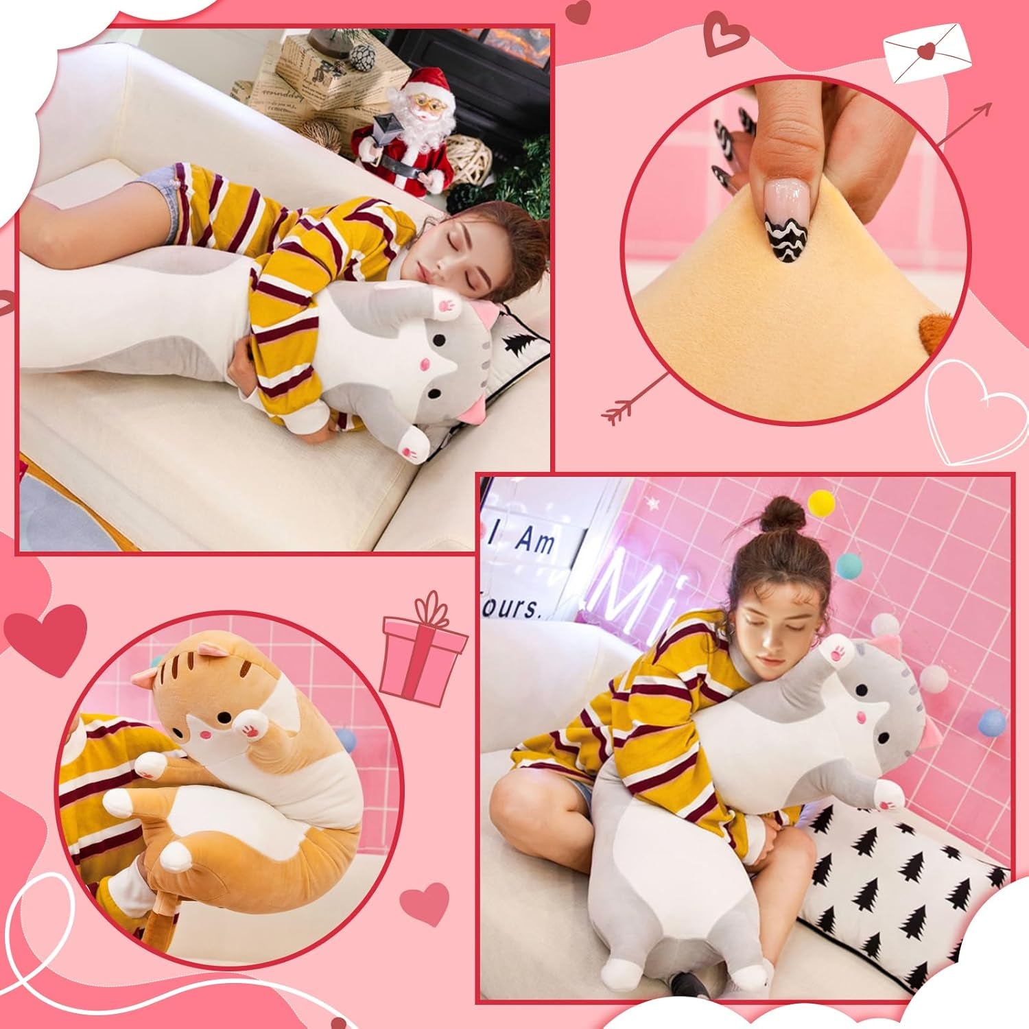 Cat Soft Pillow Plush Long Throw Sleeping Pillow Cotton Kitten Pillow Cuddly Stuffed Cute Plush Doll Gift for Girlfriend (Gray, 19.7Inch)