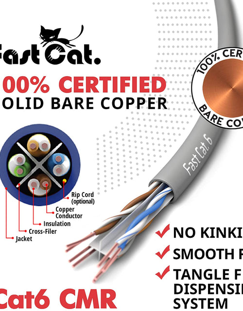 Load image into Gallery viewer, Cat6 Gray Pure Copper Ethernet Cable 1000Ft - 23 AWG, CMR, Insulated Solid Bare Copper Wire Internet Cable with Noise Reducing Cross Separator - 550MHZ / 10 Gigabit Speed UTP LAN Cable
