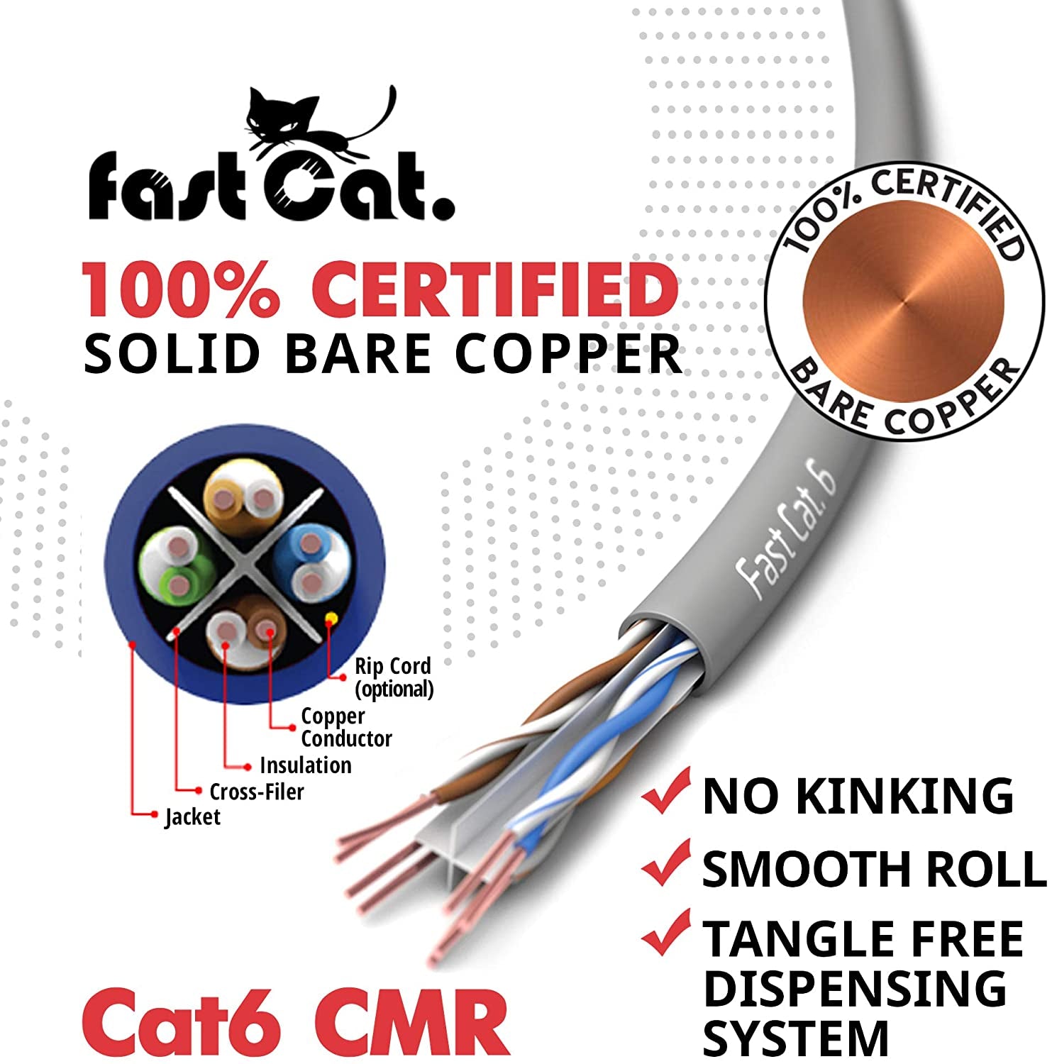 Cat6 Gray Pure Copper Ethernet Cable 1000Ft - 23 AWG, CMR, Insulated Solid Bare Copper Wire Internet Cable with Noise Reducing Cross Separator - 550MHZ / 10 Gigabit Speed UTP LAN Cable