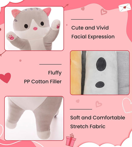 Cat Soft Pillow Plush Long Throw Sleeping Pillow Cotton Kitten Pillow Cuddly Stuffed Cute Plush Doll Gift for Girlfriend (Gray, 19.7Inch)