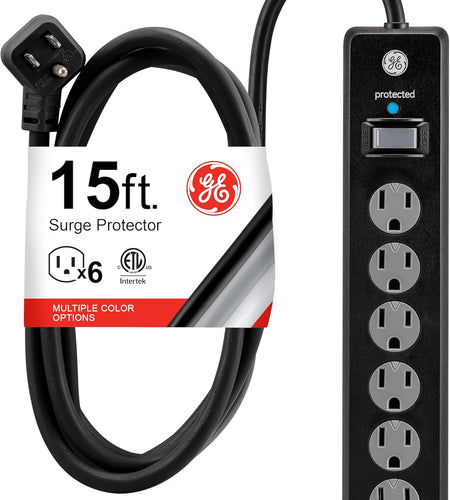 6-Outlet Sur Protector, 15 Ft Extension Cord, Power Strip, 800 Joules, Flat Plug, Twist-To-Close Safety Covers, Protected Indicator Light, UL Listed, Black, 50767